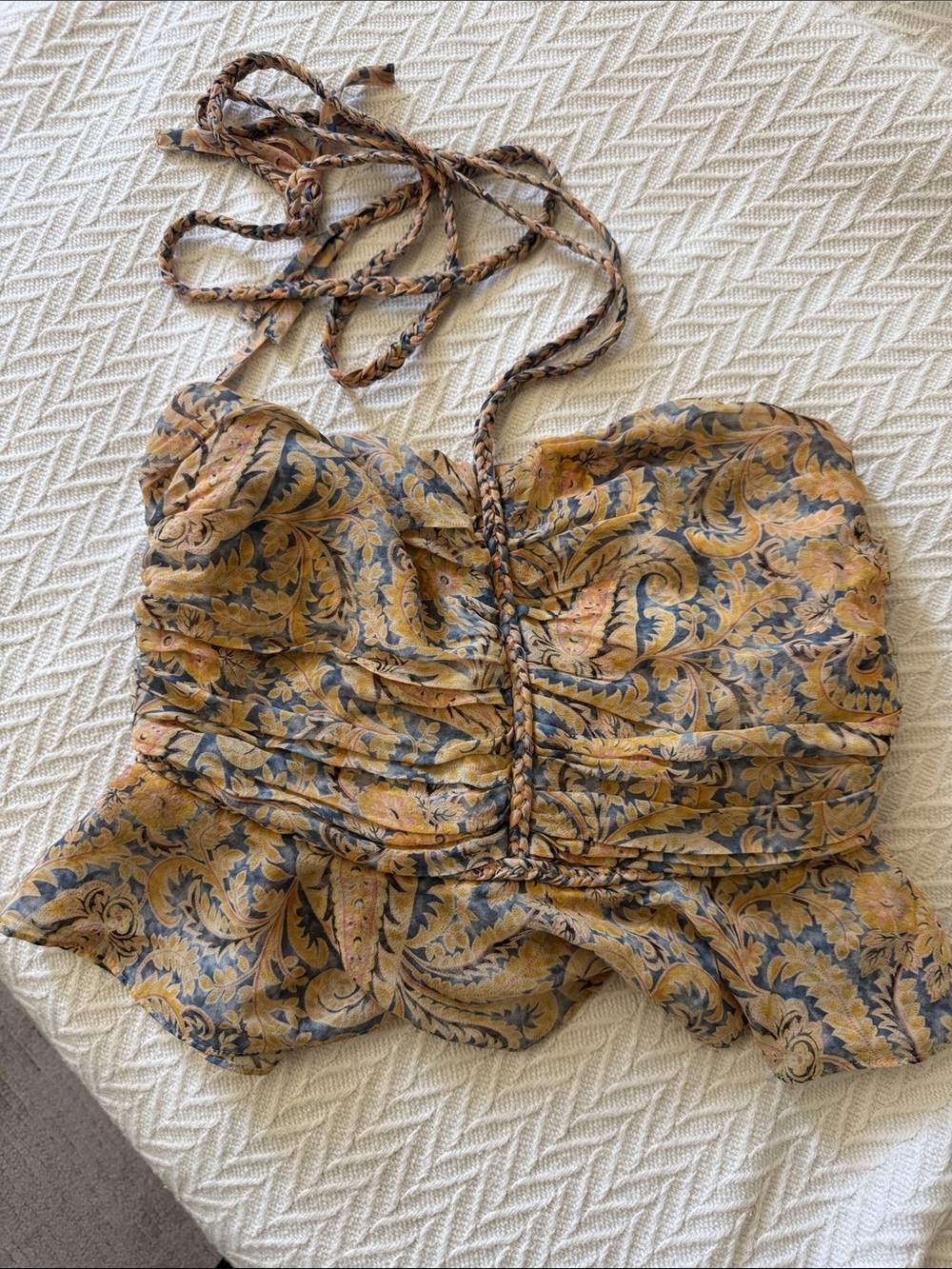 Veronica Beard Floral Ruched Halter Camisole in Mustard and Navy